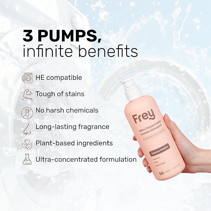 FREY Concentrated Liquid Laundry Detergent | Formulated for Sensitive Skin & HE Washers | Removes Stains Effectively | 50 Loads per Bottle (2-pack Jasmine Meadow)
