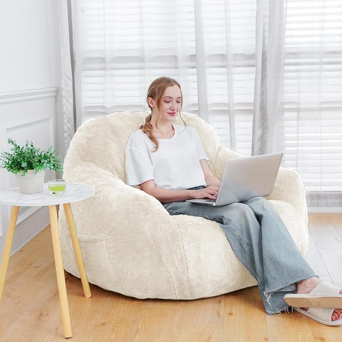 Giant Bean Bag Chair, Oversized Bean Bag Chairs for Adults and Kids, Gaming Chair Stuffed Memory Foam | Storage | Non-Slip, Removable Bean Bag Sofa Comfy Chair for Bedroom, Livingroom (Beige)