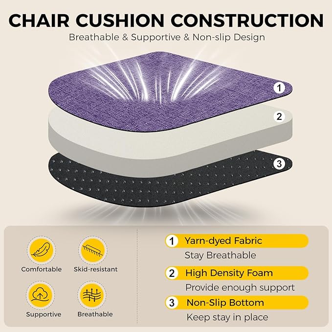 downluxe Indoor Chair Cushions for Dining Chairs, Soft and Comfortable Textured Foam Kitchen Chair Pads with Ties and Non-Slip Backing, 16" x 16" x 2", Purple, 4 Pack