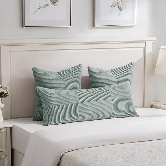 Fancy Homi 2 Packs Grey Blue Decorative Throw Pillow Covers 20x20 Inch for Couch Bed Sofa, Rustic Farmhouse Boho Home Decor, Soft Corss Corduroy Patchwork Accent Square Cushion Case 50x50 cm