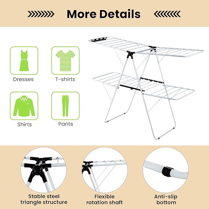 COSTWAY Clothes Drying Rack, Foldable 2-Level Laundry Drying Rack w/Height-Adjustable Wings, 33 Drying Rails & Sock Clips, Standing Large Drying Rack for Clothing, Indoor Outdoor Use
