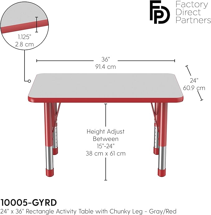 FDP Rectangle Activity School and Classroom Kids Table (24 x 36 inch), Chunky Toddler Leg, Adjustable Height 15-24 inches - Gray Top and Red Edge