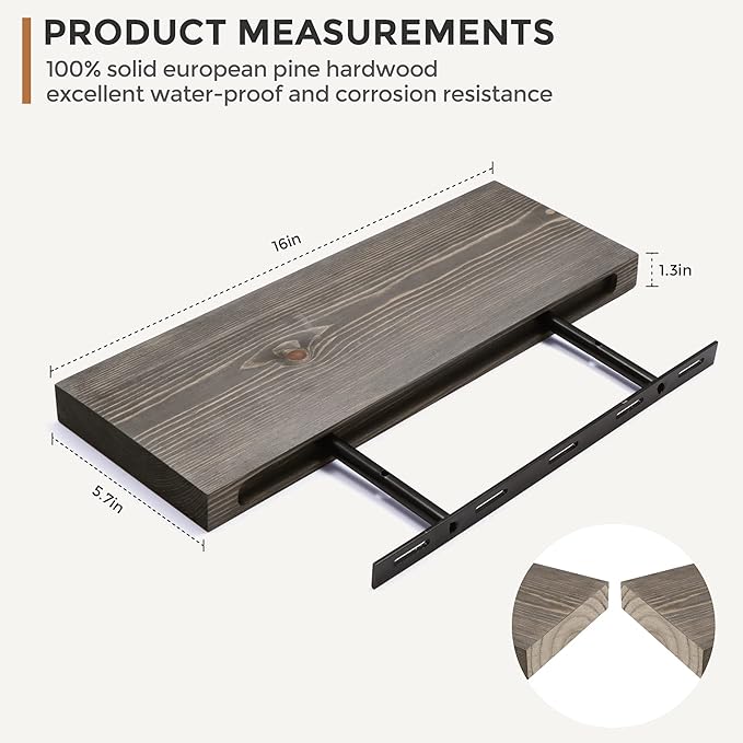 Fun Memories European Pine Floating Shelves for Wall, Mounted Shelf for Decor Storage Set of 2 - Natural Rustic Wooden Wall Shelf for Kitchen Bathroom Living Room Bedroom Farmhouse - Grey