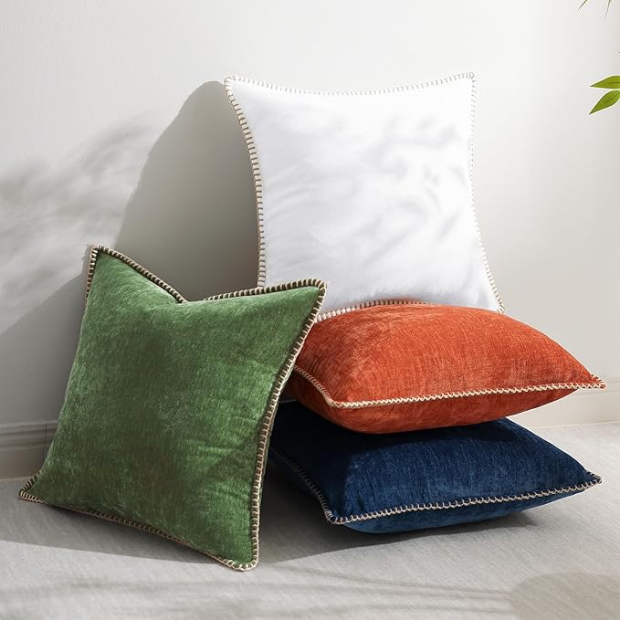 decorUhome Fall Chenille Soft Throw Pillow Covers 18x18 Set of 2, Farmhouse Velvet Neutral Decorative Euro Pillow Covers with Stitched Edge for Couch Sofa Bed Home Decor, Forest Elf