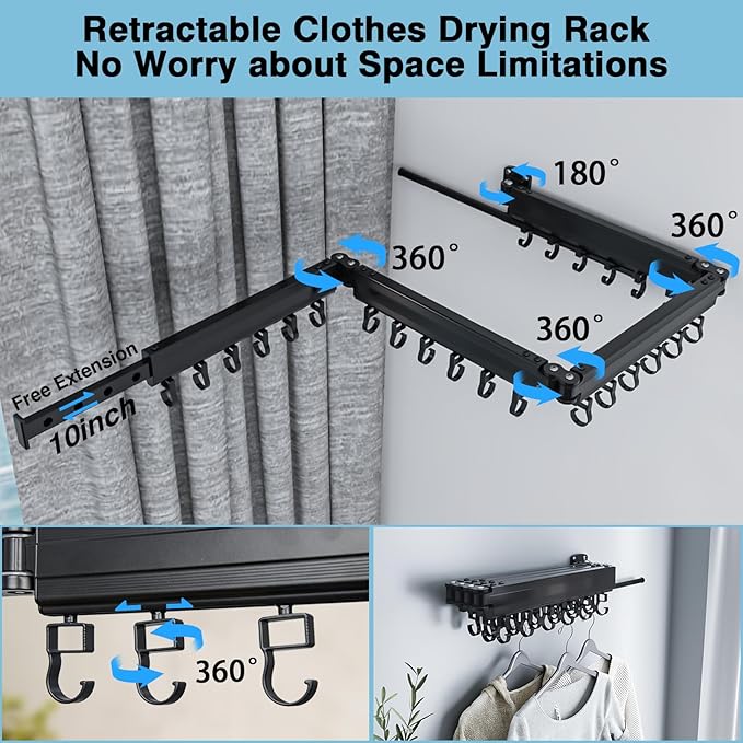 Gezen Clothes Drying Rack, Wall Mounted Drying Rack Clothing Retractable, Foldable Clothes Hanger Rack with 24 Hooks for Laundry Room Organization and Storage, Space Saving, Collapsible, Quad-Fold