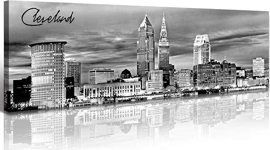 Cleveland Skyline Decor Wall Art Canvas Prints Black and White Night View USA Cityscape Panoramic Painting for Bedroom Office Framed and Ready to Hang 13.8"x47.3"