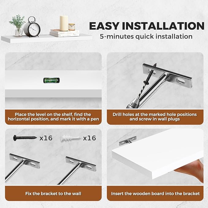 Floating Wall Shelves 4-Pack - Rustic White 16-inch Wooden Wall Shelves for Storage and Décor, Multi-Functional and Easy to Install for Living Room, Bedroom, and Kitchen