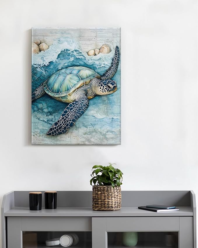 Coastal Sea Turtle Canvas Wall Art Turtle Nautical Ocean Theme Print Poster Framed Picture Painting for Home Beach House Bedroom Wall Decor 11x15 Inch