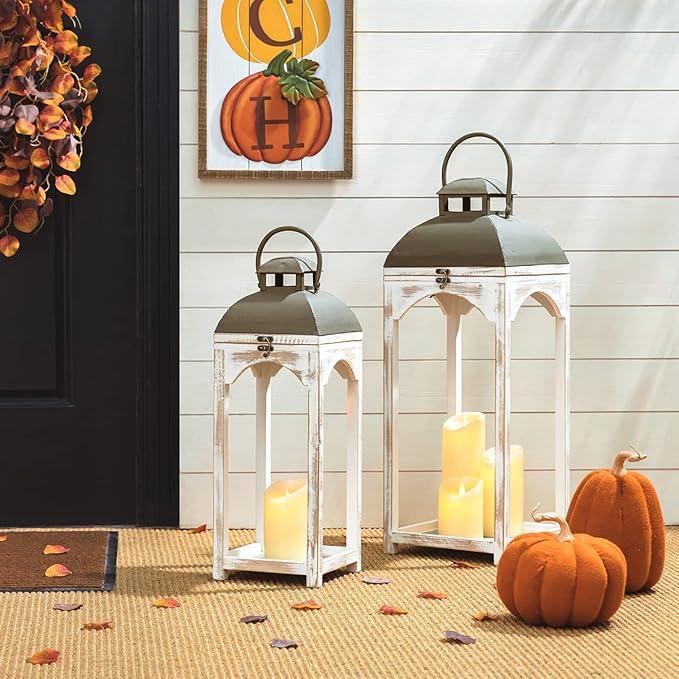 Glitzhome Set of 2 Mondern Farmhouse Wood Metal Lanterns Decorative Candle Lanterns, White (No Glass)