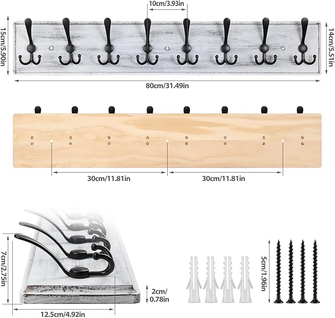 Coat Rack Wall Mount, Wooden Heavy Duty Coat Rack for Wall,8 Triple Coat Hanger Hooks for Hanging Coats,Jacket,Hat,Clothes (Grey White, 8 Hooks)