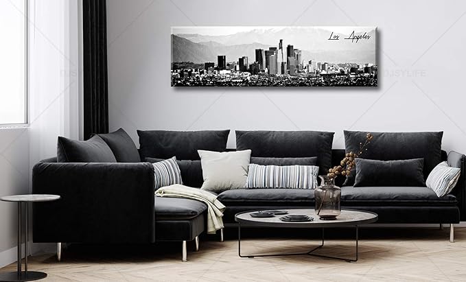 DJSYLIFE Los Angeles Skyline Wall Art Black and White USA Panoramic Cityscape Picture Canvas Prints Artwork for Bedroom Men Room Office Decoration Painting Ready to Hang 13.8"x47.3"
