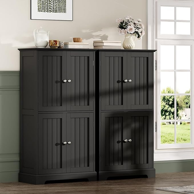 ChooChoo Bathroom Floor Cabinet, Modern Bathroom Storage Cabinet with 4 Doors and Adjustable Shelves, Freestanding Cupboard for Living Room, Black