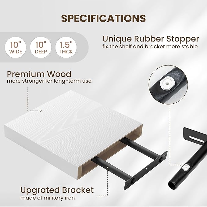 Fun Memories Floating Shelves for Wall 10 Inch, 10 Inch Deep Square Wall Shelves, Bathroom Storage Shelves Over Toilet, Wood Floating Shelves for Living Room Bedroom, White, Set of 2