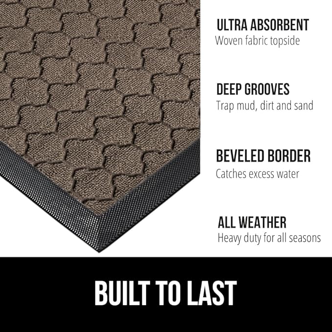 GORILLA GRIP 100% Waterproof All-Season WeatherMax Doormat US Designed Natural Rubber, Stain and Fade Resistant, Low Profile Indoor Outdoor Door Mats, Easy Clean Patio Mat, 17x29, Latte Quatrefoil