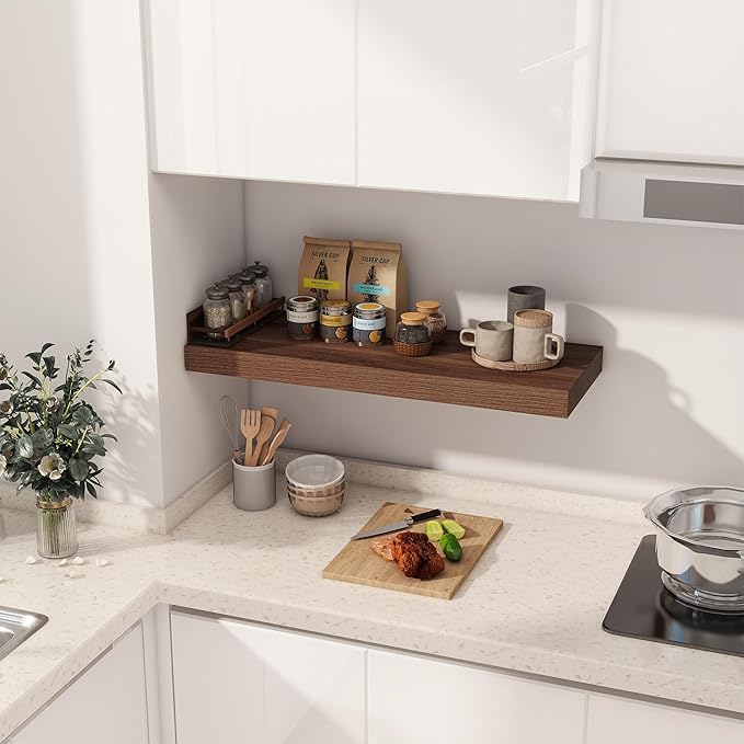 Fun Memories 30 Inch Floating Shelves, 12 Inch Deep Floating Shelf for Wall, Rustic Deep Shelves for Books, Bathroom, Living Room, Kitchen, 30 x 12 x 2 Wood Floating Shelves, Walnut Color, Set of 2