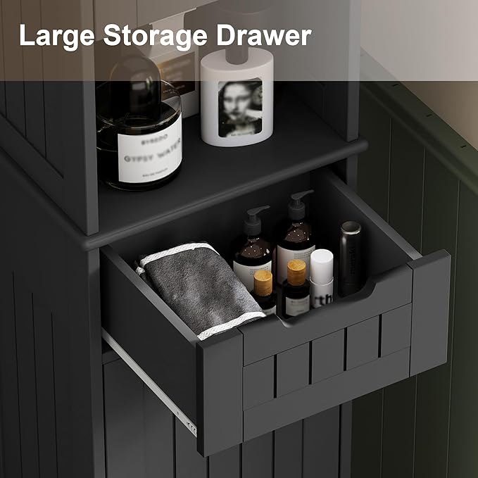 ChooChoo 67" Tall Bathroom Storage Cabinet Freestanding with Adjustable Shelves, Narrow Storage Linen Cabinet with 2 Doors and 1 Drawers for Bathroom, Living Room, Kitchen, Black