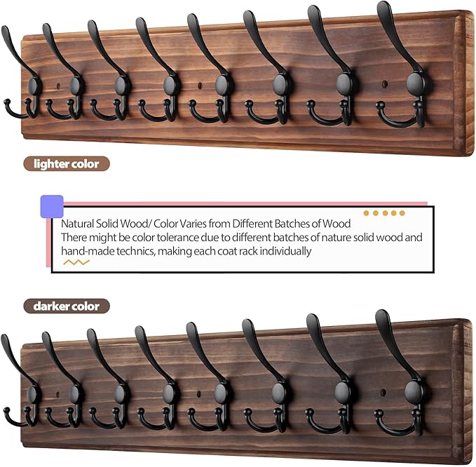 Coat Rack Wall Mount, Wooden Heavy Duty Coat Rack for Wall,8 Triple Coat Hanger Hooks for Hanging Coats,Jacket,Hat,Clothes (Brown, 8 Hooks)