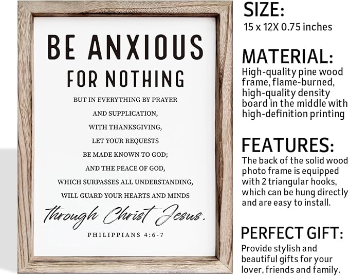Christian Wooden Wall Signs, Farmhouse Home Decor, Christian Hanging Decor, Living Room Decors, Framed Wall Plaque Sign 15 * 11.5 inches, Be Anxious for Nothing Sign