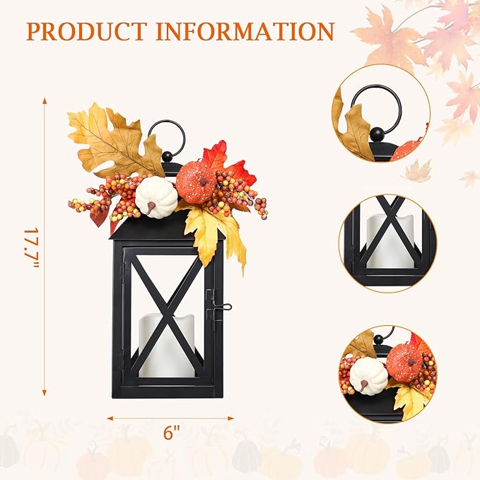 Fall Decor Lantern for Home, Large Decorative Lanterns Outdoor Waterproof 12" Battery Powered Decorative Lanterns Metal Hanging LED Candle Holder, Flameless Candle Lantern for Indoor 2 Packs