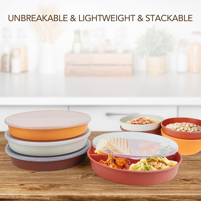 greenandlife 9 Inch 4PCS Portion Control Plates with Lids, Divided Plates for Kids Adults, Dishwasher Microwave Safe Compartment Plate Set, Unbreakable Lightweight Reusable Wheat Straw Plate, Sunset