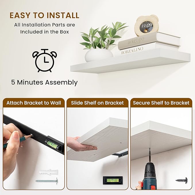 Fun Memories Floating Shelves for Wall, 30 Inch Rustic Wood Wall Mounted Shelves for Bathroom, Bedroom, Kitchen, Living Room, Deep Floating Shelves for Storage & Home Decor (White, Set of 2)