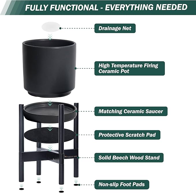 D'vine Dev Ceramic Planter with Ebony Stand - 8 Inch Modern Round Flower Pot with Wood Planter Holder, Black, 55-B-M-2