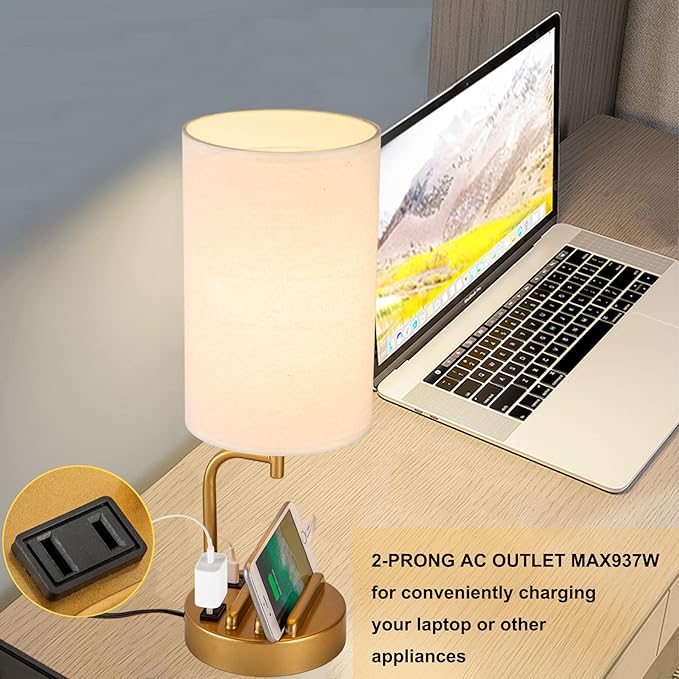 Dreamholder Touch Control USB Table Lamp, Upgraded 3-Way Dimmable Bedside Desk Lamp with USB C & A Charging Ports and AC Outlet, Nightstand Lamp for Bedroom, Dimmable Bulb Included, Gold