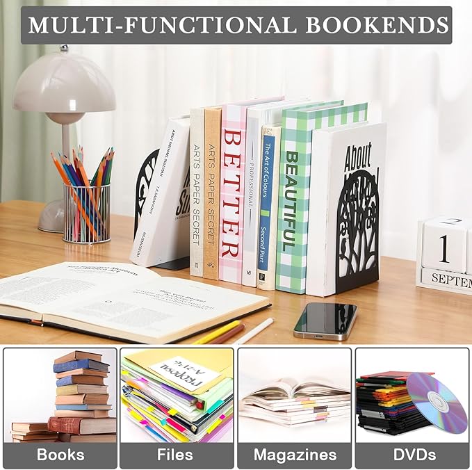 Faccito 5 Pairs Book Ends, Black Metal Bookends for Shelves Decorative, Non Skid Tree Stopper and Flower Shelf Holder for Heavy Books, Home Office School Supplies (Classic)