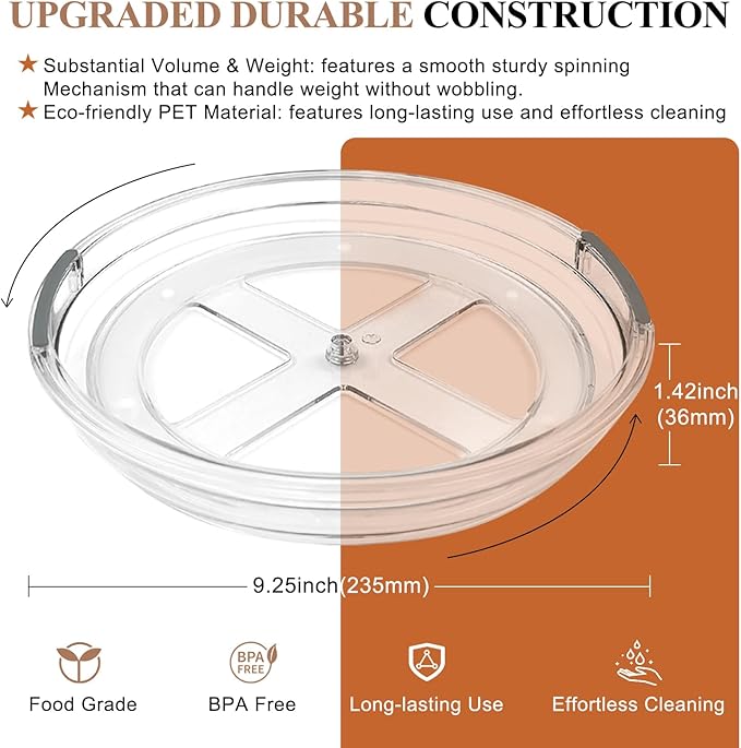 Clear Lazy Susan Organizer Turntable for Cabinet Table Top, 9.25 Inch 4 Pack 360 Rotating Spinning Makeup Organizer for Vanity, Kitchen Storage Rack Heavy-Duty Pantry Spices Tray Countertop Organizer