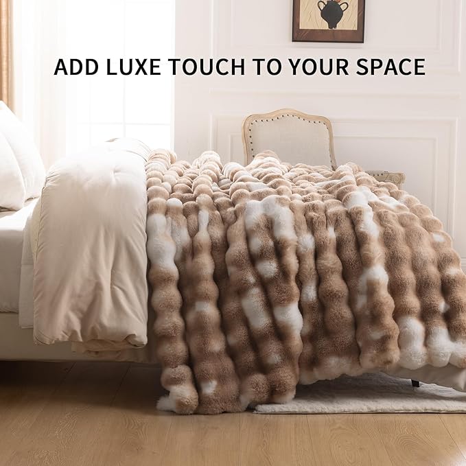 Cozy Faux Fur Throw Blanket for Couch-Warm Fuzzy Throw Blanket, Soft Plush Thick Bubble Blankets for Bedroom and Living Room, Furry Luxury Blanket, 50 x 60, Tie-Dye Brown