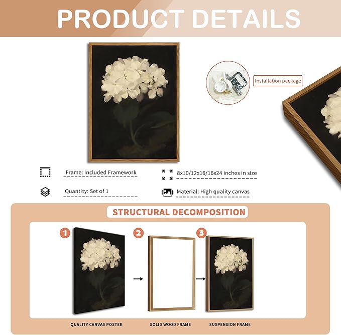 Framed Wall Art for Living Room – Vintage White Hydrangea Oil Painting Canvas Prints, Aesthetic Bedroom Wall Art, Kitchen Decor for Shelves, Bathroom Office Artwork Wall Decor – 8x10in
