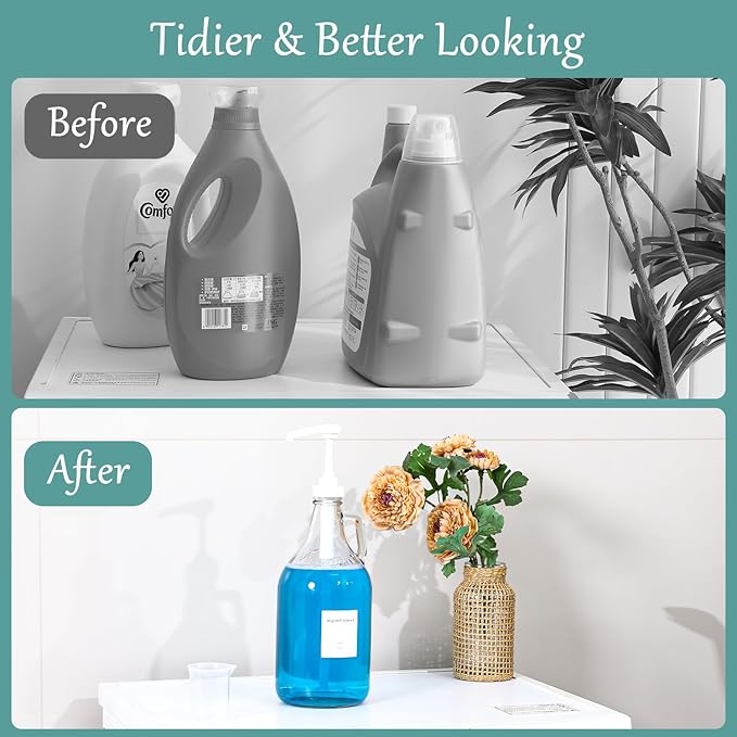 Glass Laundry Detergent Dispenser with Pump, 64OZ Liquid Laundry Soap Dispenser, Fabric Softener Dispenser Bottle for Laundry Room Organization and Storage, 2 Pack