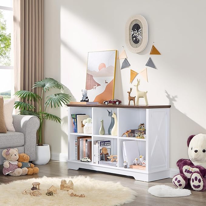 Farmhouse 6 Cube Bookshelf, White Storage Organizer Bookcase, Kids Toy Storage Cabinet, Long Bookshelves Storage Organizer Shelf, Wood Display Cabinet Book Shelves for Bedroom,Living Room,Office