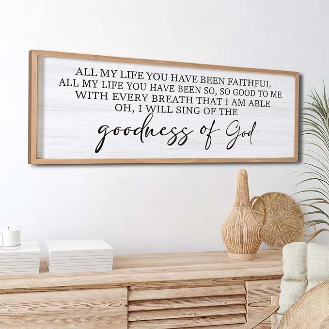 Goodness of God Framed Wall Art, 40''×15'' Positive Religious Natural Bible Verse for Christian God Jesus Christ Prayer, Vintage Rustic Long Holy Catholic Scripture Decor