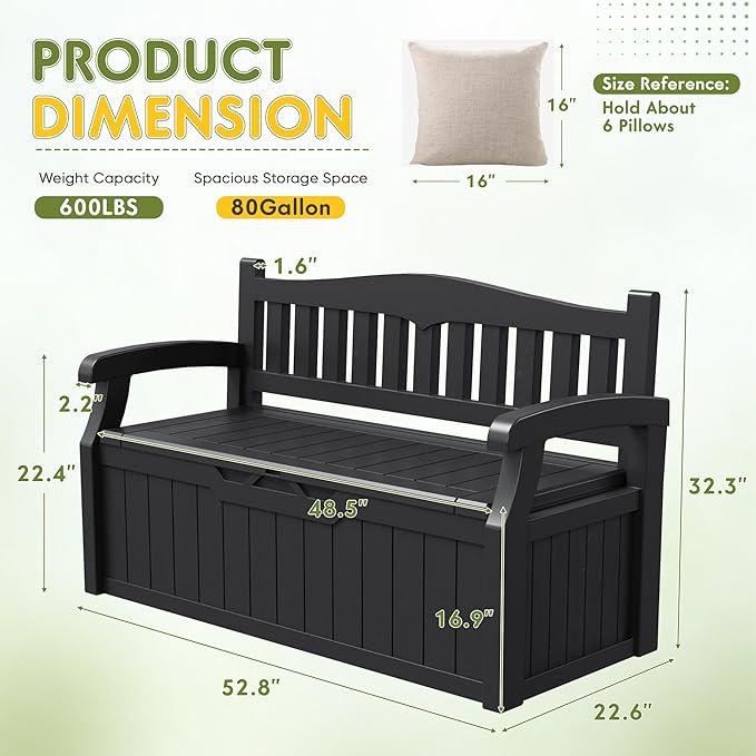 Greesum 80 Gallon Storage Bench Outdoor Deck Box with Armrest, Patio Furniture,Lockable, Waterproof and UV Resistant, Suitable for Garden, Pool, Black