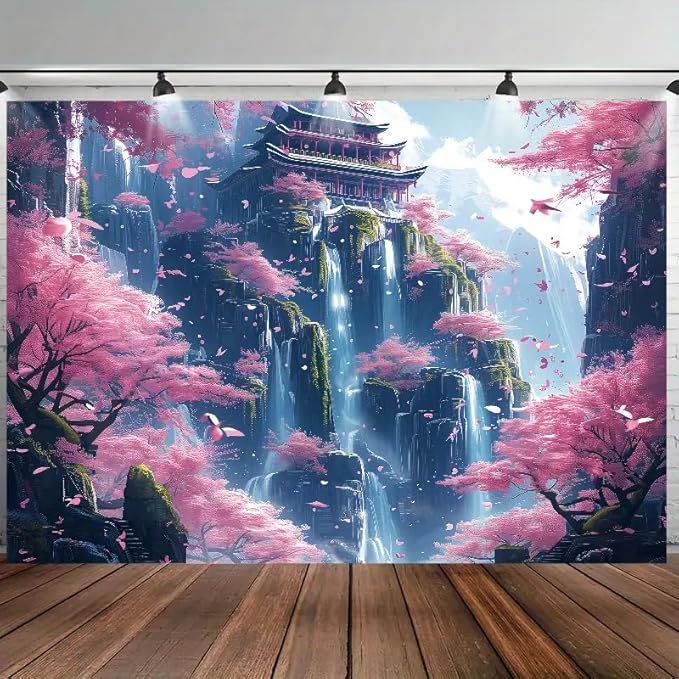 FENDROM Japanese Aesthetic Pink Cherry Blossom Tree Tapestry Building On Mountains Waterfall River Fairytale World Asian Art Tapestry for Bedroom Living Room
