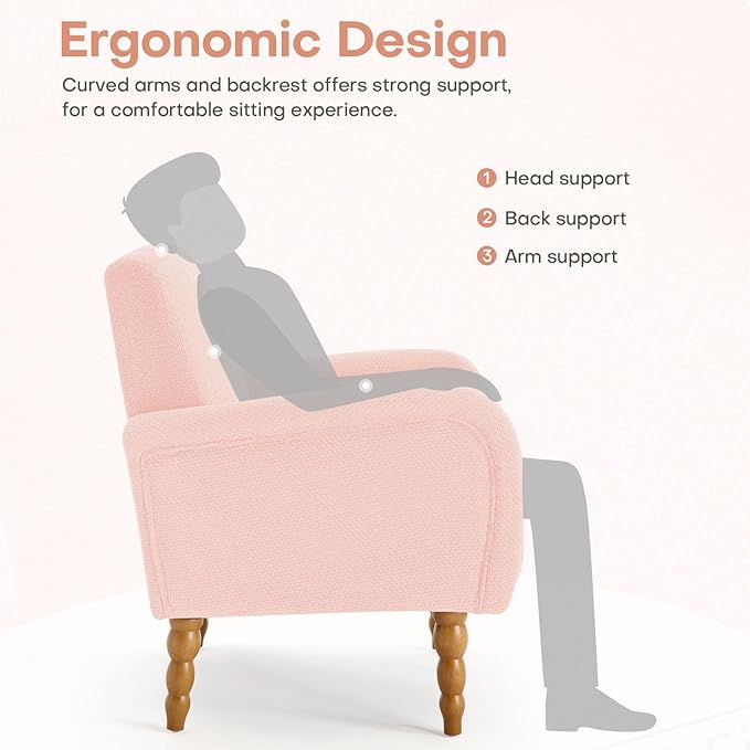 Chenille Fabric Accent Chair, Upholstered Armchair with Solid Wood Legs, Modern Living Room Accent Chair, Comfy Single Sofa Chair Reading Club Chair for Bedroom Reception Lounge, Pink