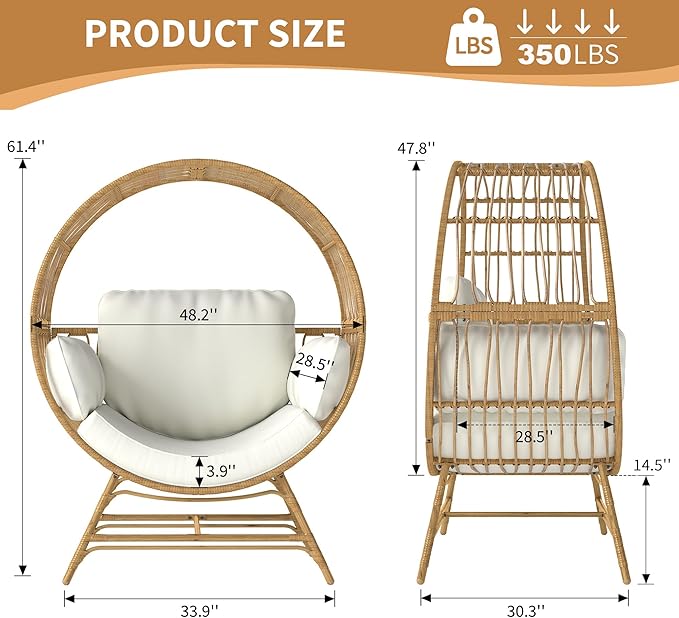 Egg Chair Outdoor Indoor, Oversized Rattan Chair with Thicken Cushion, 350LBS Capacity Wicker Patio Lounge Chair, Basket Chair for Living Room Balcony Porch Backyard, Beige