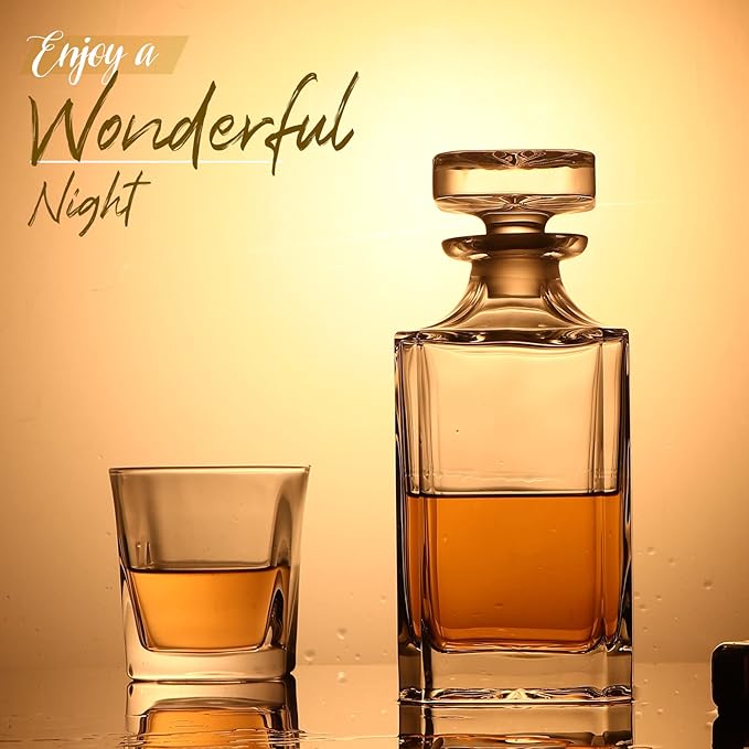 Glass Decanter with Airtight Geometric Stopper - Whiskey Decanter for Wine, Bourbon, Brandy, Liquor, Juice, Water, Mouthwash. Italian Lead-Free Glass (25.97 oz/768ml)