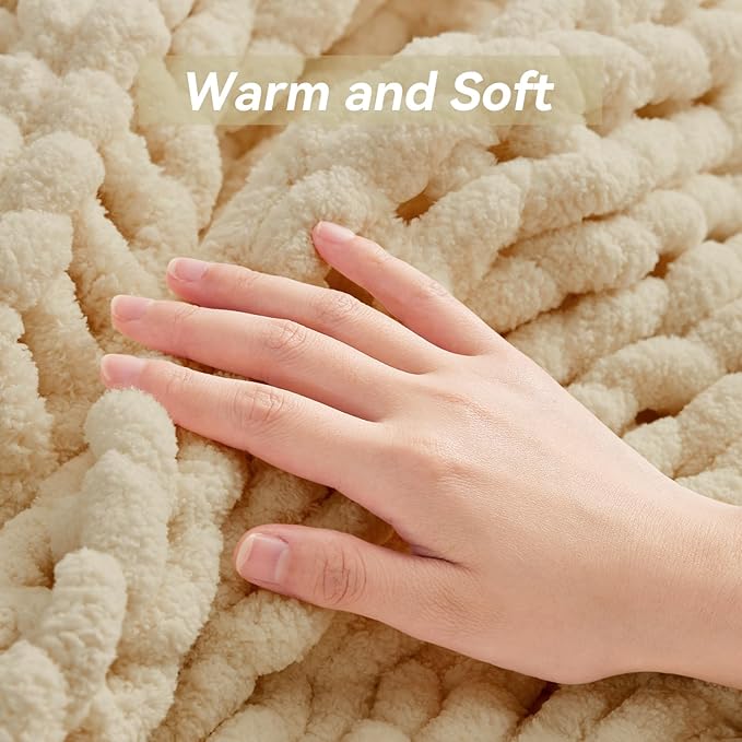Chunky Knit Throw Blanket, 40''*50'' Knitted Throw Chenille Yarn for Bed Couch, Handmade Oatmeal Crochet Big Thick Blanket, Machine Washable Cute Comfy Blanket for Home Decor