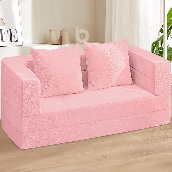 Folding Bean Bag Chair for Adults,3-in-1 Bean Bag Couch Faux Fur Floor Sofa Large Beanbag Convertible Bean Bag Sofa Bed with Pillow in Bedroom,Living Room,Apartment(Queen,Pink)