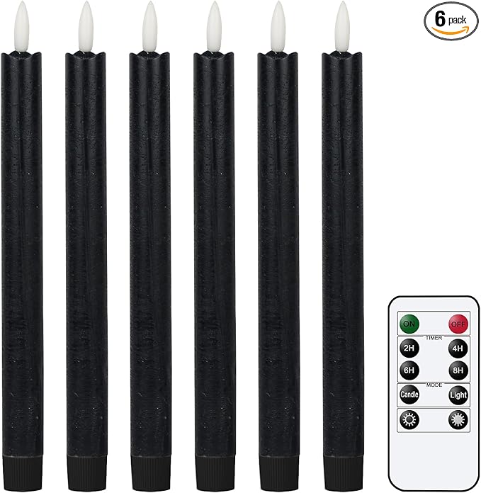 GenSwin Flameless Black Taper Candles Flickering with 10-Key Remote, Battery Operated Led Warm 3D Wick Light Window Candles Real Wax Pack of 6, Christmas Home Wedding Decor(0.78 X 9.64 Inch)
