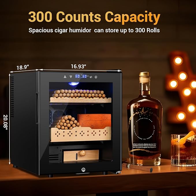 Electric Humidor for Cigars, 50L 300 Counts Large Capacity Thermostatic Desktop Humidor Cabinet with Digital LED Screen, Safety Lock,Smart Humidity & Temp Control, Gifts for Men