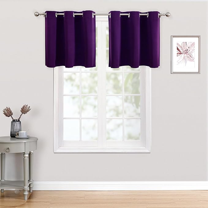 ChrisDowa Small Kitchen Valances for Windows - Grommet Short Thermal Insulated Room Darkening Window Valances Curtains for Living Room (2 Panels, Royal Purple, 52 x 18 Inch)