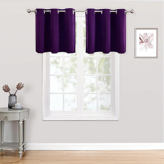 ChrisDowa Small Kitchen Valances for Windows - Grommet Short Thermal Insulated Room Darkening Window Valances Curtains for Living Room (2 Panels, Royal Purple, 52 x 18 Inch)