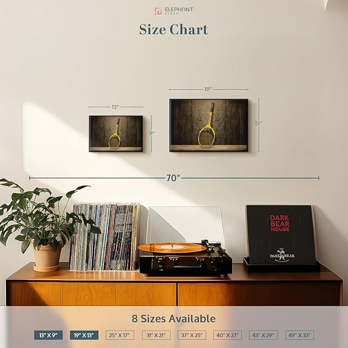 ElephantStock Vintage Tennis Racket Wall Art - Horizontal Framed Canvas - 1-Piece Living Room Wall Decor - Photography Sports Canvas Print - Brown and Black Decor for Wall - 13" X 9"