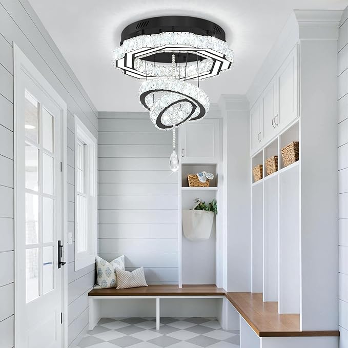 Flashing God Dia 20" Modern Chandeliers for Dining Room Black Flush Mount Ceiling Chandeliers LED Dimmable Pendant Lighting Crystal Ceiling Light Fixture for Living Room Bedroom Hallway 2700K-6000K