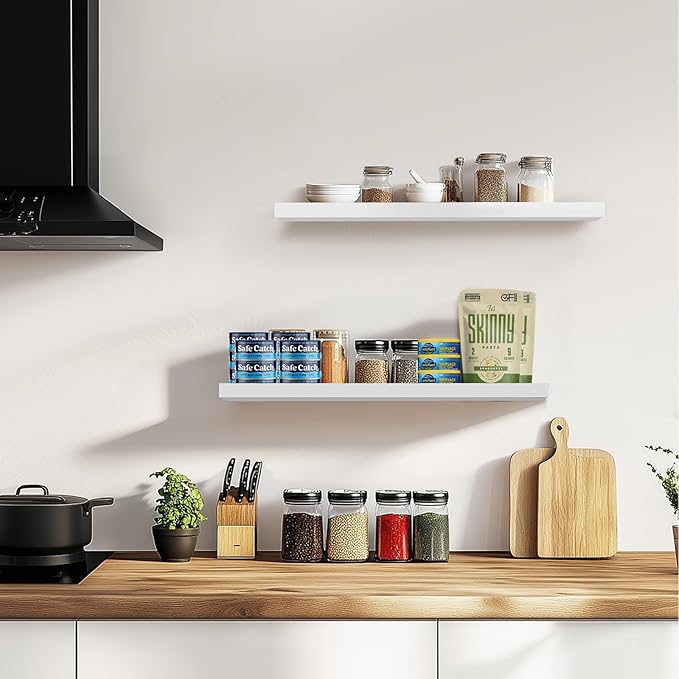 Floating Wall Shelves 2-Pack - 24-Inch Rustic White Wooden Shelves for Storage and Décor, Easy Installation for Living Room, Bedroom, and Kitchen