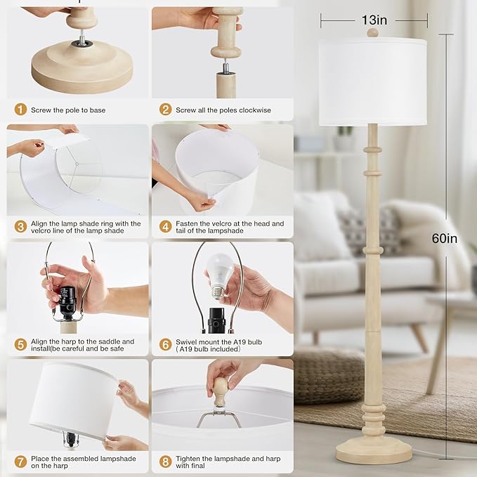 Floor Lamps for Living Room - 60" Resin Farmhouse Floor Lamp with 3 Color Temperatures - Vintage Standing Lamp Reading Light with Linen Shade Rustic Tall Lamp for Bedroom Office, Oatmeal Wash