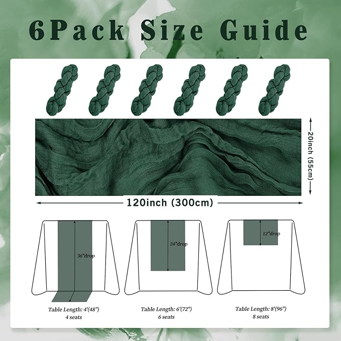 Emerald Green 6 Pack Cheesecloth Table Runner 10FT Boho Fabric Rustic Cheese Cloth Table Runner for Wedding 20 x 120 Inch Long Bridal Shower Baby Shower Gauze Sheer Birthday Party Table Decorations